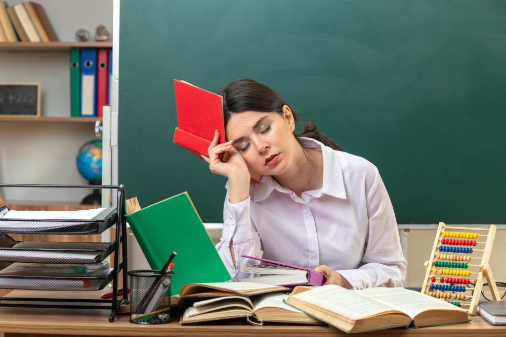 Intervalo interjornada - professora cansada após muito trabalho